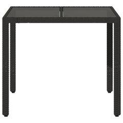 Garden table with glass top black 90x90x75 cm polyrattan