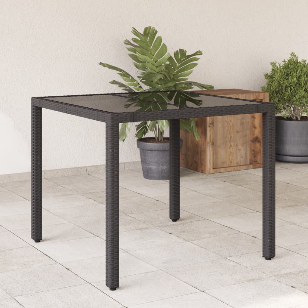 Garden table with glass top black 90x90x75 cm polyrattan