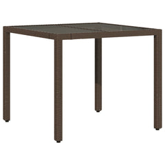 Garden table with glass top brown 90x90x75 cm poly rattan