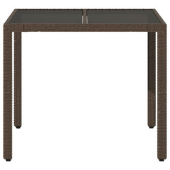 Garden table with glass top brown 90x90x75 cm poly rattan