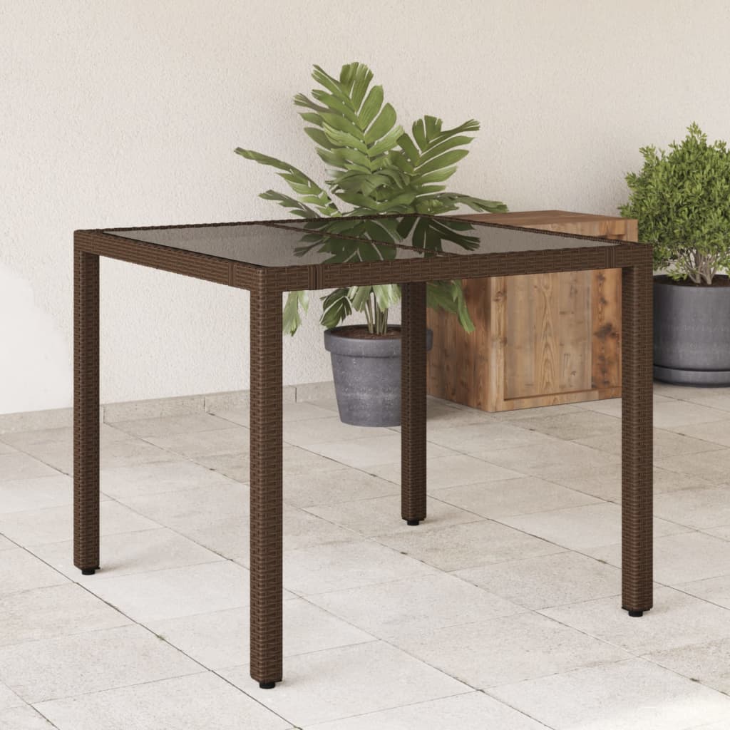 Garden table with glass top brown 90x90x75 cm poly rattan